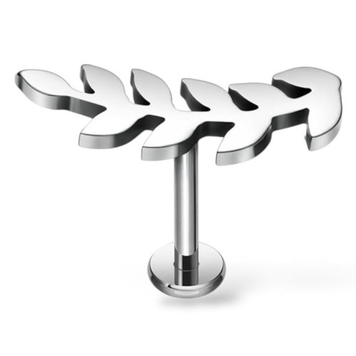 Tytanowy srebrny labret w listek ozdobny