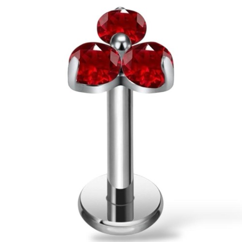 Tytanowy srebrny labret w trójkątny kwiat w czerwone cyrkonie