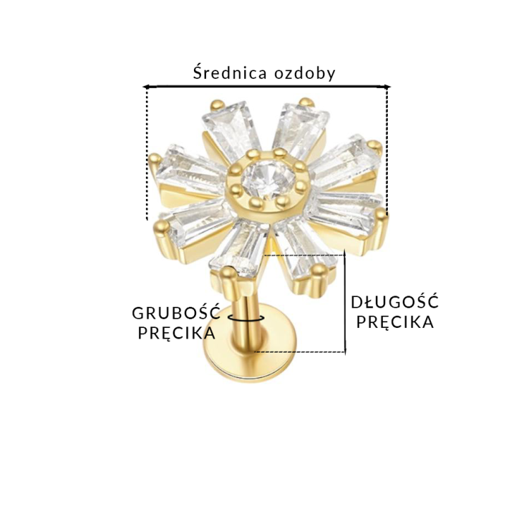 Labret złoty kwiatowy - SREBRO 925