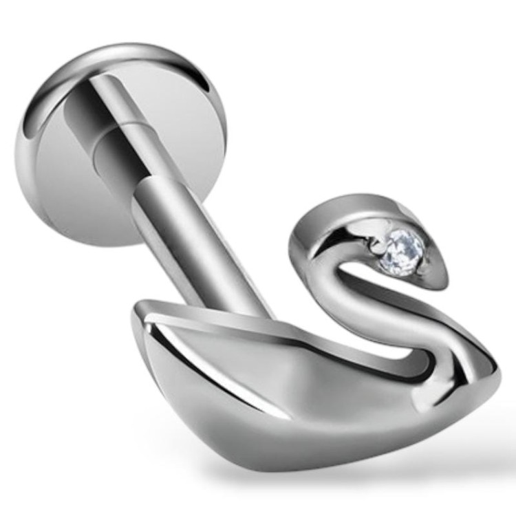 Tytanowy labret z motywem łabędzia z cyrkonią