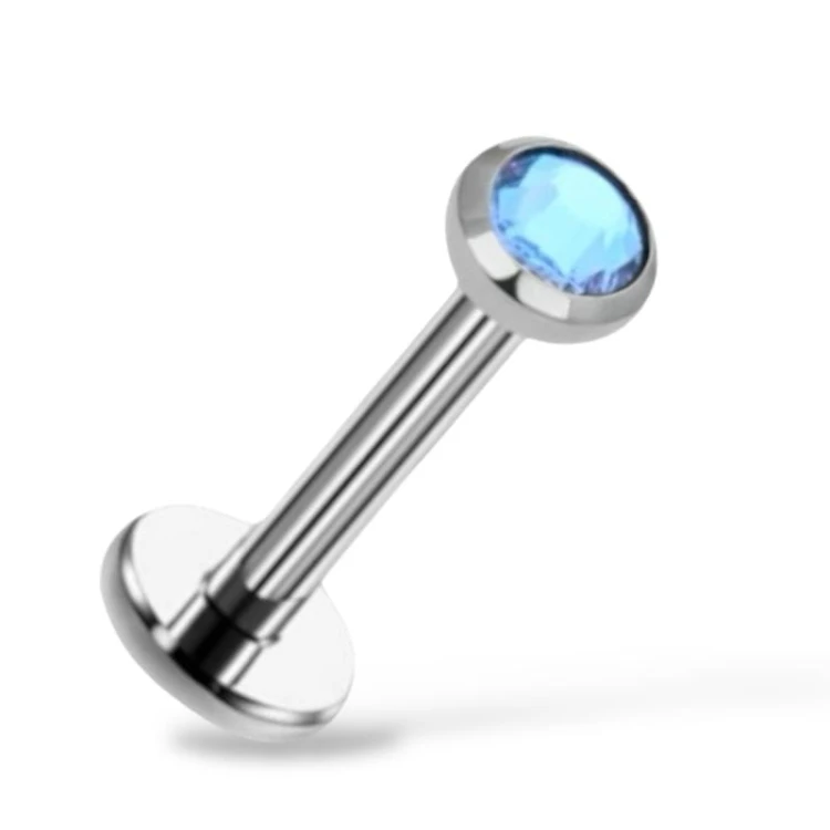 Labret tytanowy srebrny z błękitną cyrkonią