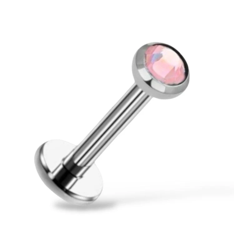 Labret tytanowy srebrny z różową cyrkonią