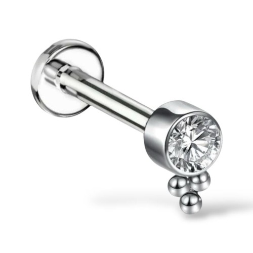 Tytanowy srebrny Labret z cyrkonią i kuleczkami