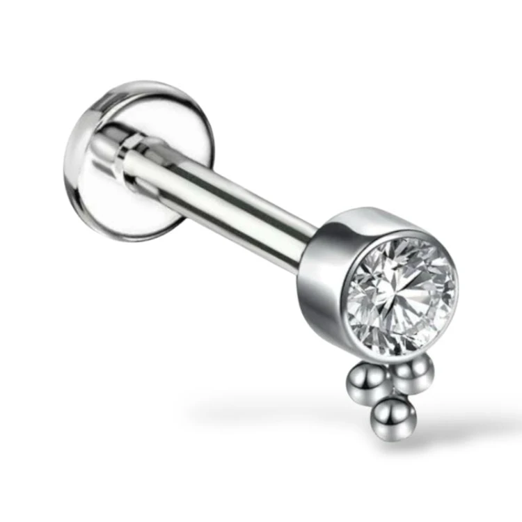 Tytanowy srebrny Labret z cyrkonią i kuleczkami