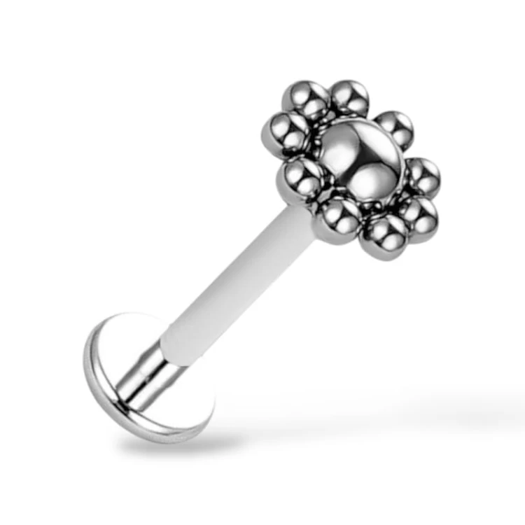 Tytanowy labret srebrny z kwiatkiem