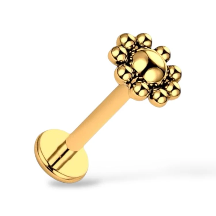 Tytanowy labret złoty z kwiatkiem