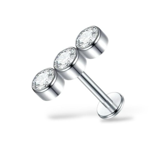 Tytanowy srebrny labret z trzema cyrkoniami