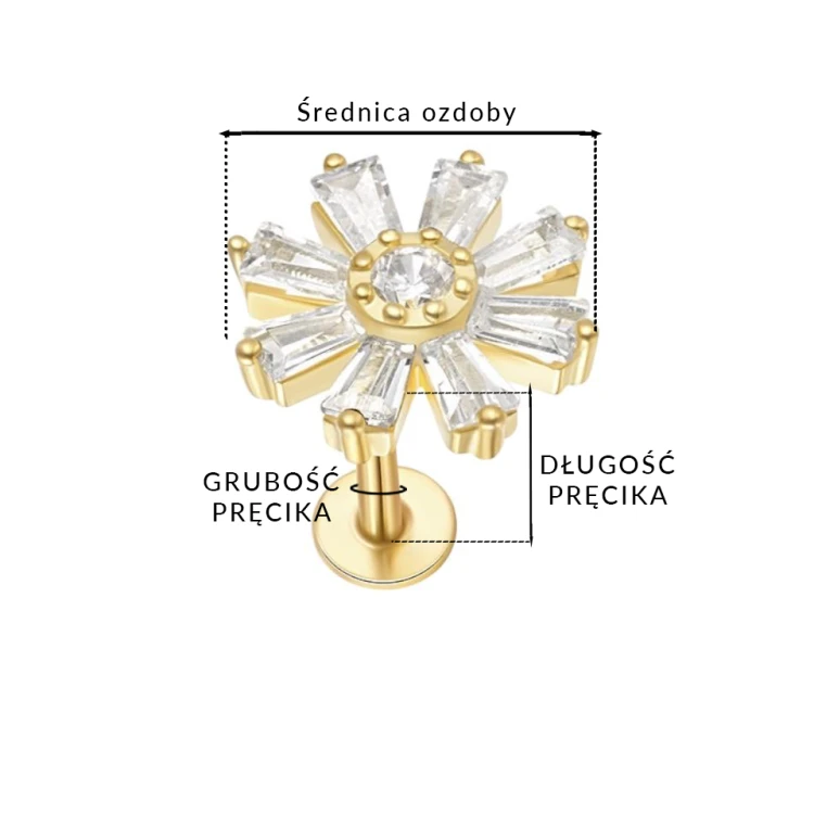 Labret złoty kwiatowy - SREBRO 925