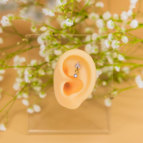 Tytanowy złoty labret z wiszącą cyrkonią