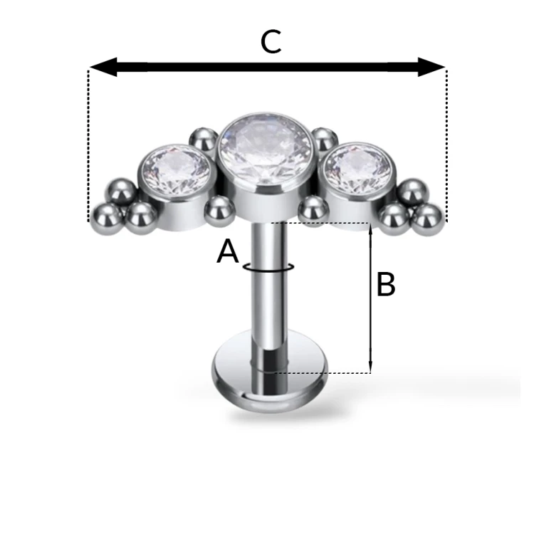 Tytanowy Srebrny labret z trzema cyrkoniami i kulkami