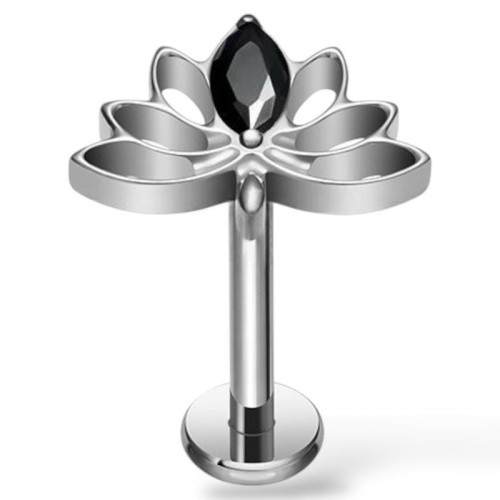 Tytanowy SREBRNY labret w kształcie lotosu z czarną cyrkonią