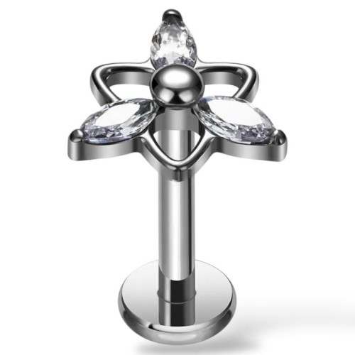 Tytanowy srebrny labret z motywem kwiatu z cyrkoniami
