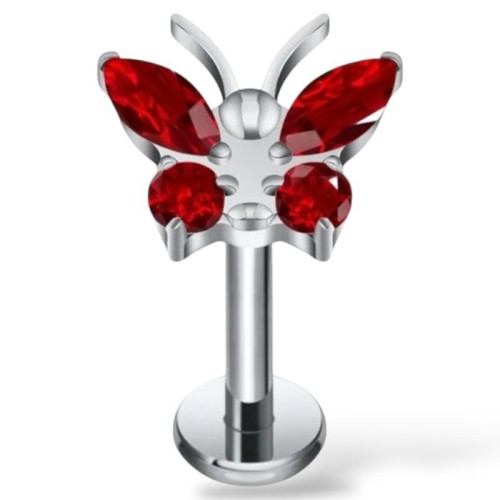 Tytanowy srebrny labret z motylkiem i cyrkoniami czerwonymi