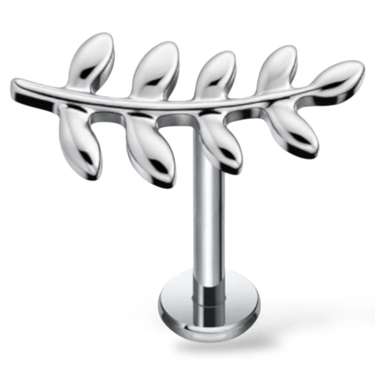 Tytanowy srebrny labret w kształcie gałązki
