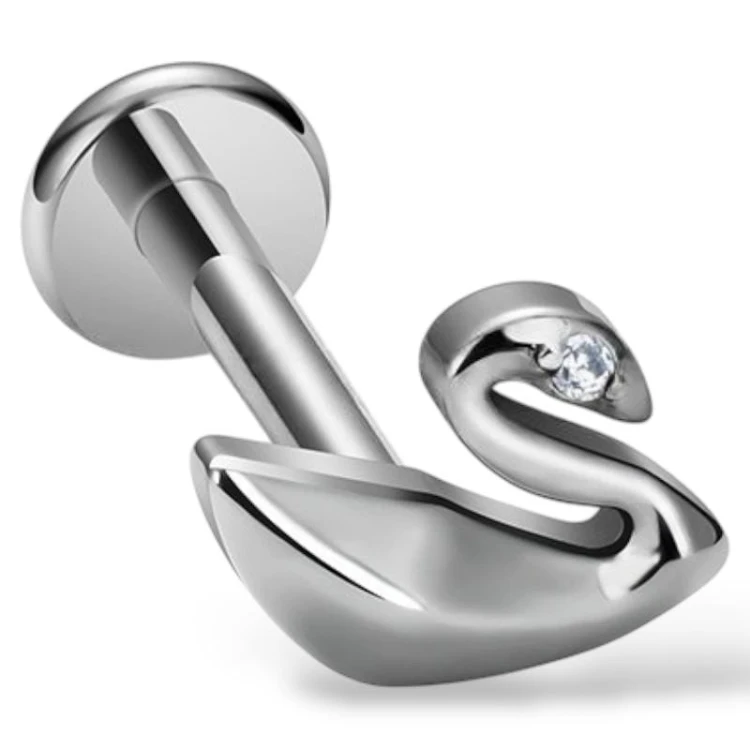 Tytanowy labret z motywem łabędzia z cyrkonią