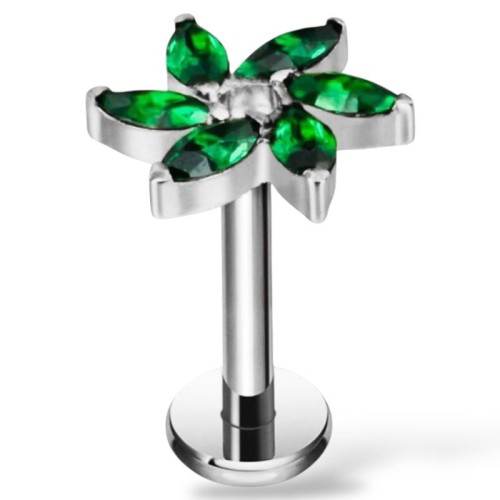 Tytanowy  labret z motywem kwiatu z cyrkoniami