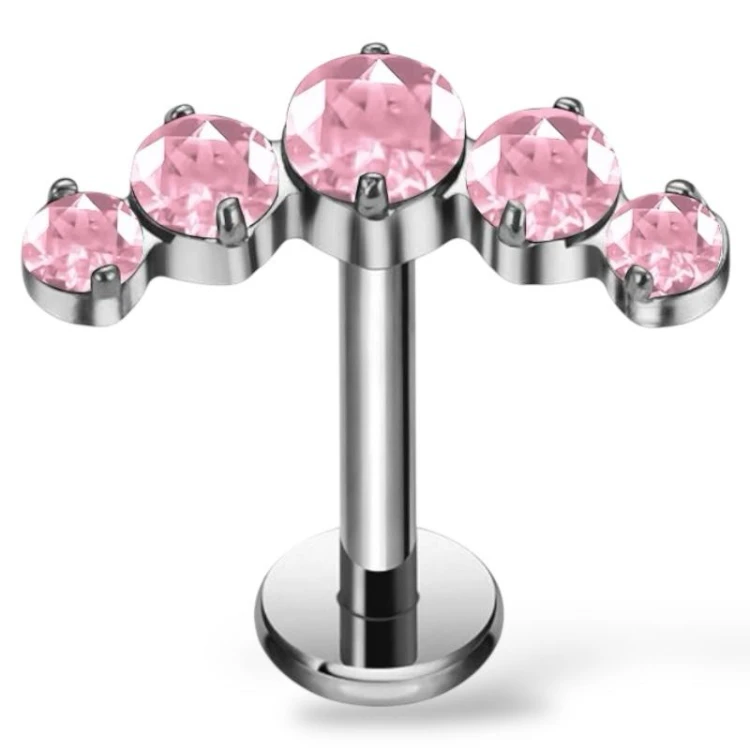 Tytanowy srebrny labret z różową koroną