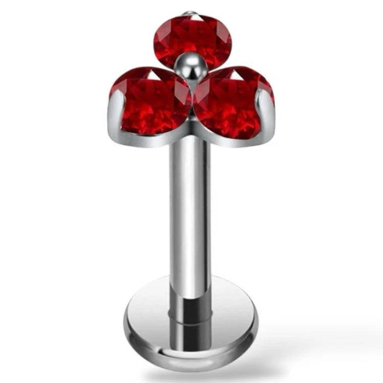 Tytanowy srebrny labret w trójkątny kwiat w czerwone cyrkonie