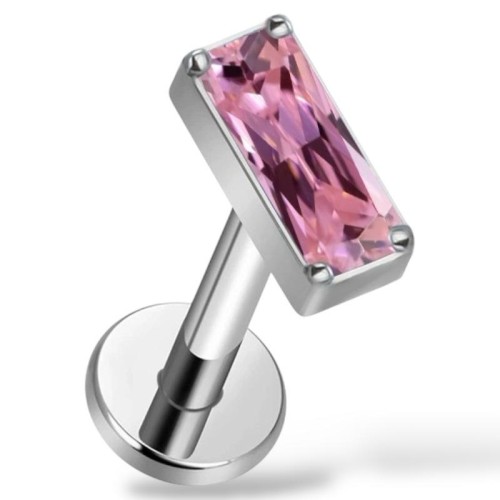 Tytanowy labret z prostokątną różową cyrkonią