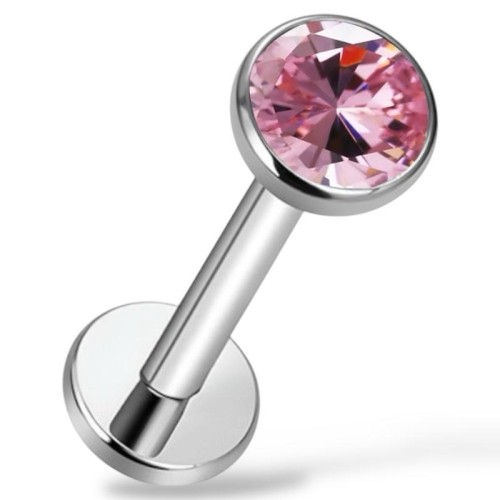 Tytanowy, srebrny labret z różową cyrkonią