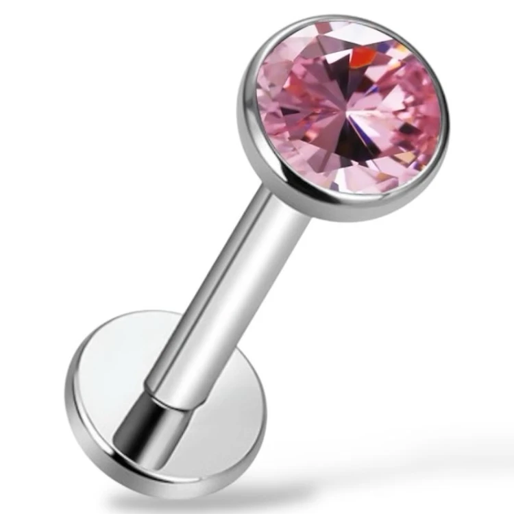 Tytanowy, srebrny labret z różową cyrkonią