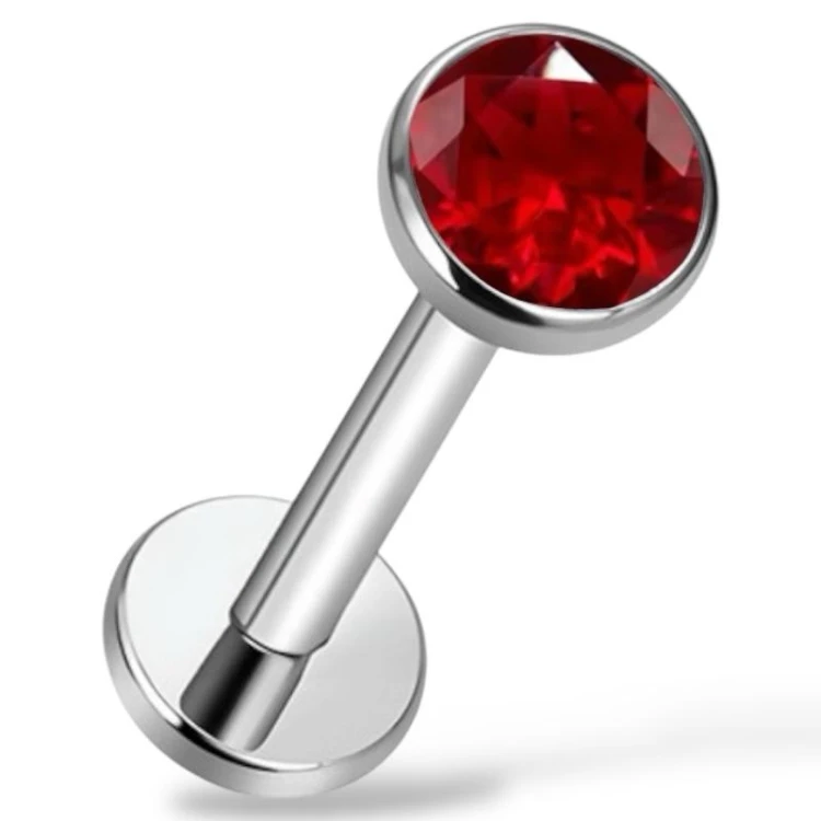 Tytanowy, srebrny labret z czerwoną cyrkonią