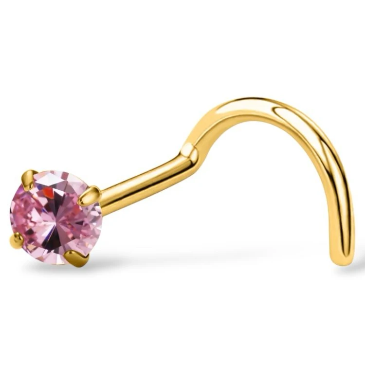 Tytanowy złoty kolczyk do nosa Pigmej z różową cyrkonią