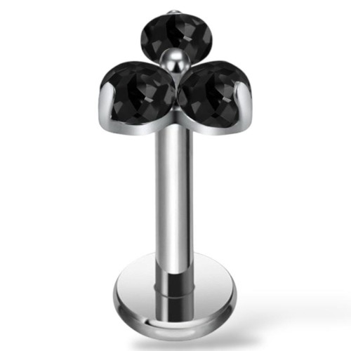 Tytanowy srebrny labret w trójkątny kwiat w czarne cyrkonie