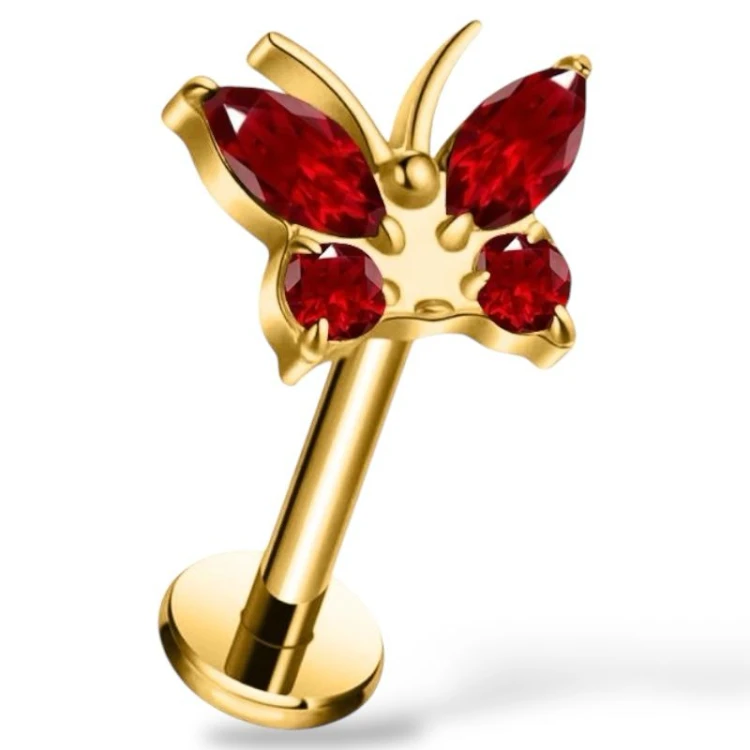 Tytanowy Kolczyk ZŁOTY labret z motylkiem i cyrkoniami czerwonymi