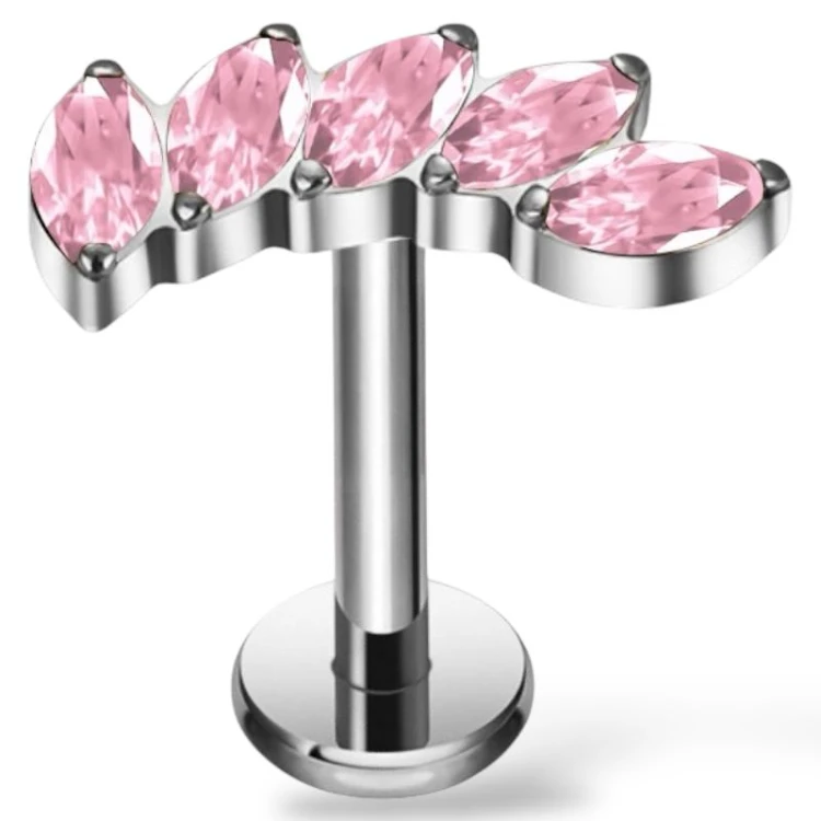 Tytanowy labret z pięcioma różowymi cyrkoniami