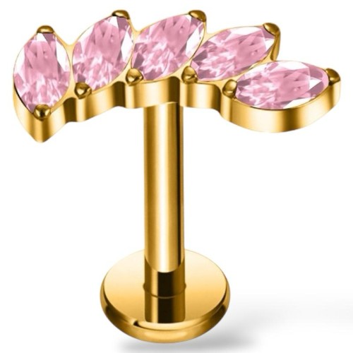 Kolczyk PIERCING ZŁOTY labret z pięcioma cyrkoniami różowymi