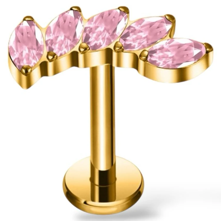 Kolczyk PIERCING ZŁOTY labret z pięcioma cyrkoniami różowymi