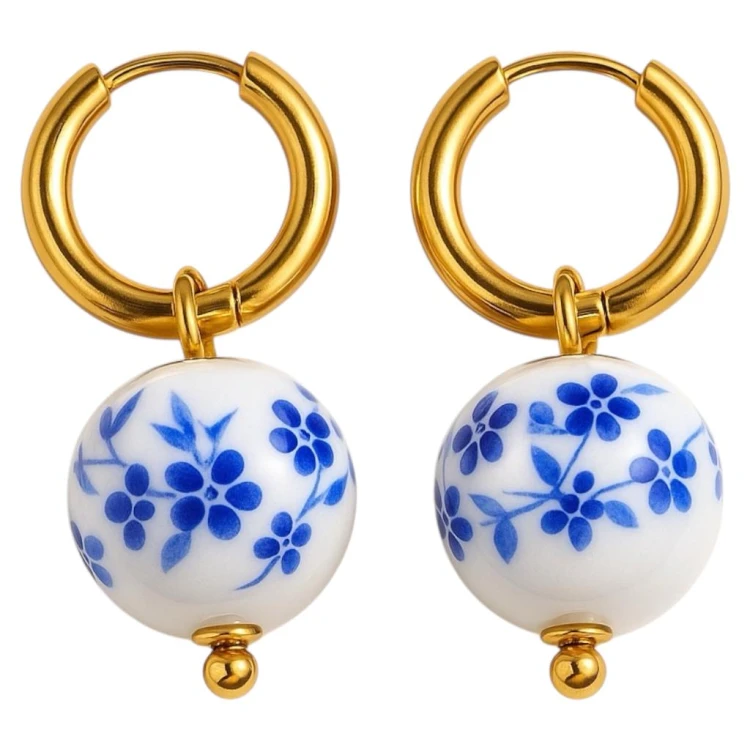 Kolczyki złote porcelanowa kula
